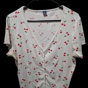 Old Navy White Short Sleeve Button-Front Tee with Red Cherry Print